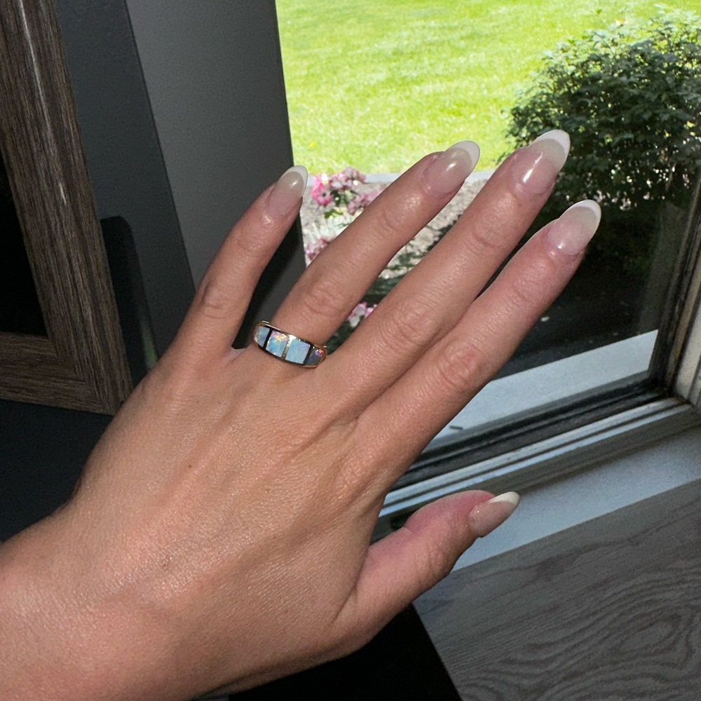 Blue 5 large opals wide window ring 14k